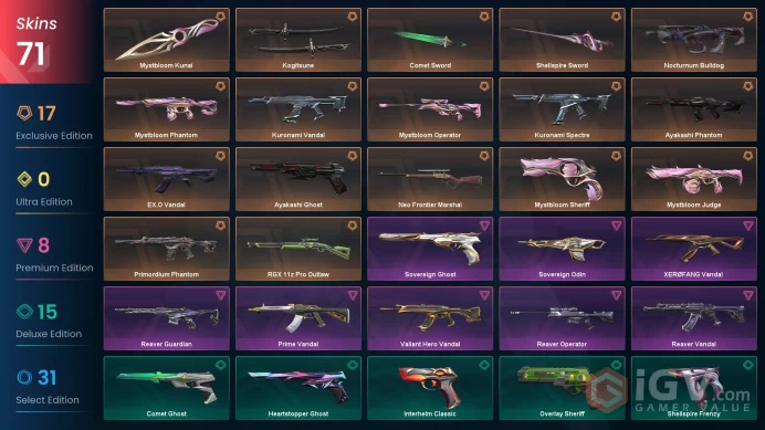 EU\TUR | 310 VP | 71 skins | Kogitsune | Comet Sword | Mystbloom kid | Reaver Vandal | Kuronami Vandal | EX.O Vandal | V0114