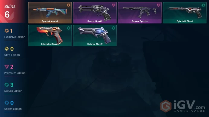 EU\TUR | 1025 VP | 6 skins | SplashX Vandal | Reaver Spectre | Reaver Sheriff |	V0184