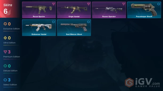 EU | 6 skins | Origin Vandal | Reaver Operator | Recon Spectre | Peacekeeper Sheriff | Soul Silencer Ghost | Endeavour Vandal | Z5887