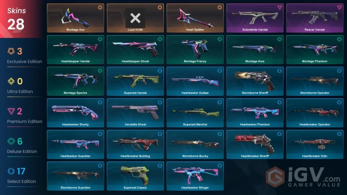 EU | 28 skins | Reaver Vandal | Luxe Knife | Heart Splitter | Montage Axe | Solarstride Vandal | Montage Frenzy | Heartstopper Ghost | S5537