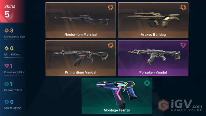 EU | 5 skins | Primordium Vandal | Forsaken Vandal | Araxys Bulldog | Nocturnum Marshal | Montage Frenzy | Z4329