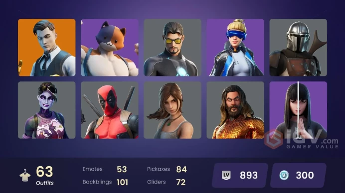 PC,PSN,XBOX 63 SKINS FA - NEO VERSA,MANDALORIAN,THOR,JUICE WRLD.TONY STARK,CHARLOTTE,DOMINO,GROOT,LARA CROFT RK1640