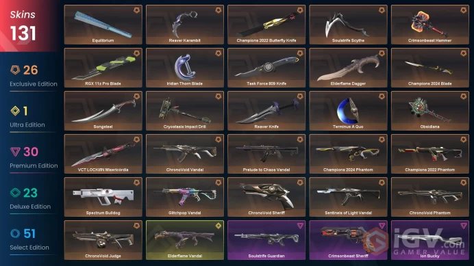 VALORANT EU WEST SERVER 131 SKİNS (+16 KNİFE, CHAMPİONS 2022+2024 PACKED,VCT LOOK İN+ELDERFLAME DAGGER+REAVER CARAMBT )AUTO DELIVERY FULL ACCESS