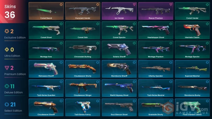 AP 36 skins 1 knifes | Kuronami Vandal | Comet Sword | Ion Vandal | Reaver Phantom | Solarex Sheriff | Comet Spectre | Montage Spectre | V0283