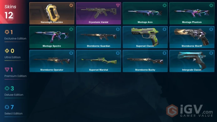 EU 12 skins | Nanomight Knuckles | Cryostasis Vandal | Montage Ares | Montage Phantom | Montage Spectre | Stormborne Operator | V0320