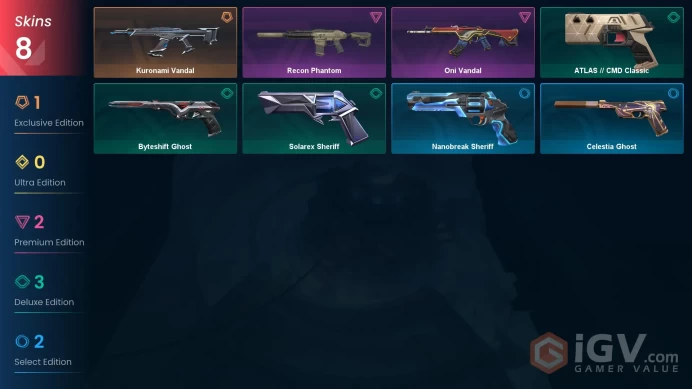 EU 8 skins | Kuronami Vandal | Recon Phantom | Oni Vandal | Byteshift Ghost | Solarex Sheriff | ATLAS // CMD Classic | Celestia Ghost | V0322