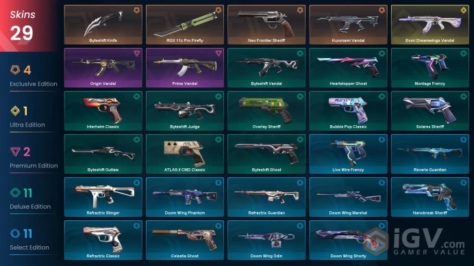 EU 29 skins | Evori Dreamwings Vandal | Kuronami Vandal | Neo Frontier Sheriff | RGX 11z Pro Firefly | Byteshift Knife | Origin Vandal | V0327
