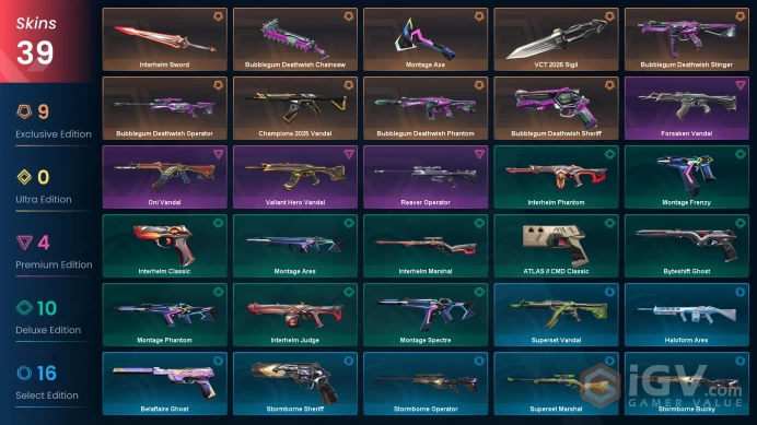 72 EU/TR Market & V25 ACT6 Asc II & Bubblegum Sett-Champions 2025 Vandal-VCT 2026 Sigil-Oni/Forsaken/Valian Hero Vandal-Reaver Operator