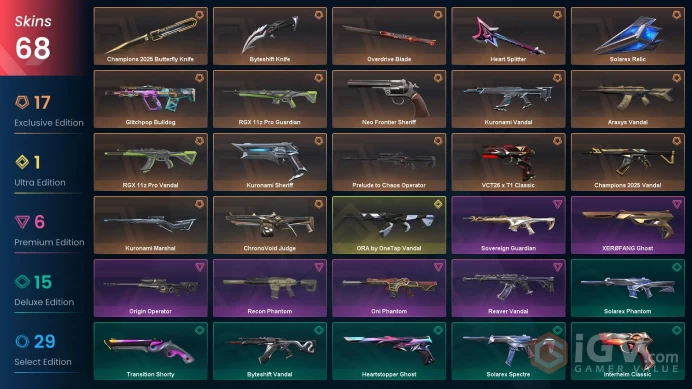 [KOREA] 68 Skins | 5 Knife | Full Acces | Champions 2025 Butterfly Knife / Champions 2025 Vandal / Byteshift Knife / Solarex Relic |