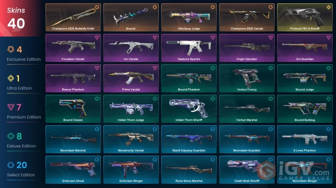 EU/TR 40 skins | Champions 2025 Vandal | Champions 2025 Butterfly Knife | Protocol 781-A Sheriff | Glitchpop Judge | Neptune Spectre | Prime Van