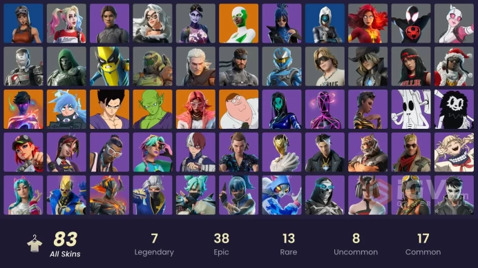PC,PSN,XBOX 83 SKINS FA - CHANI - FASHION BANSHEE,GALAXY GRAPPLER,BACKLASH,PICCOLO,SON GOHAN,ELEVEN,HARLEY,DARK PHOENIX,MILES MORALES,ISO,RED RO