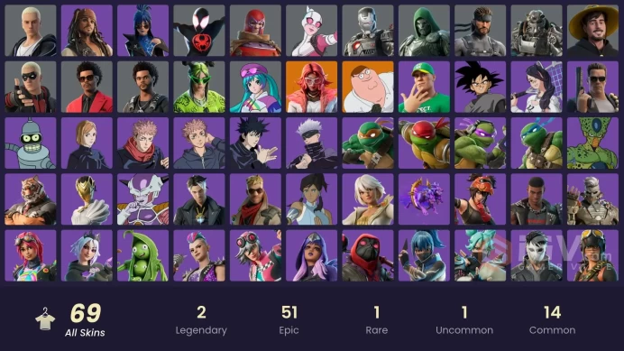 PC,PSN,XBOX 69 SKINS FA - MILES MORALES,WEEKND,SLIM SHADY,TERMINATOR,JOHN CENA,YUJI,NOBARA,CELL,JACK SPARROW,DOOM,BENDER,GREEN ROOTS BILLIE RK16
