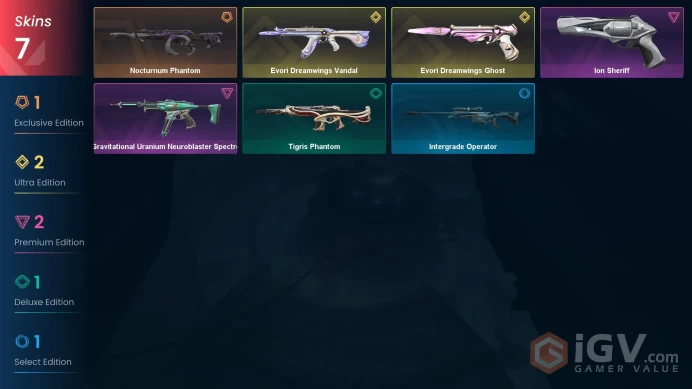 EU | 7 skins | Evori Dreamwings Vandal | Nocturnum Phantom | Evori Dreamwings Ghost | Gravitational Uranium Neuroblaster Spectre | V3510