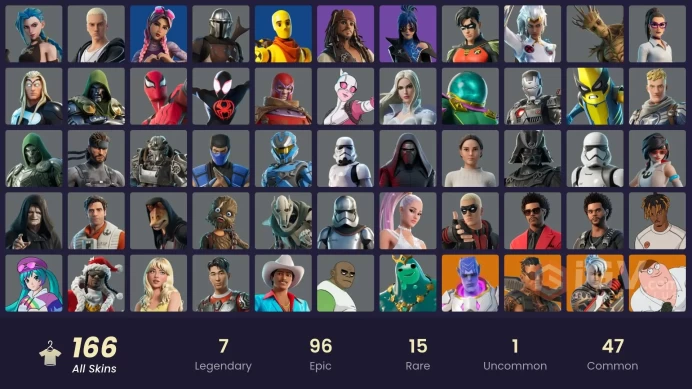 PC/PSN/Xbox/Nintendo 166 skins | Arcane Jinx | Rogue Agent | Fixer | Zeus | Ronin | Kymera | Valeria | Hades | Joey | Peter Griffin | Poseidon |