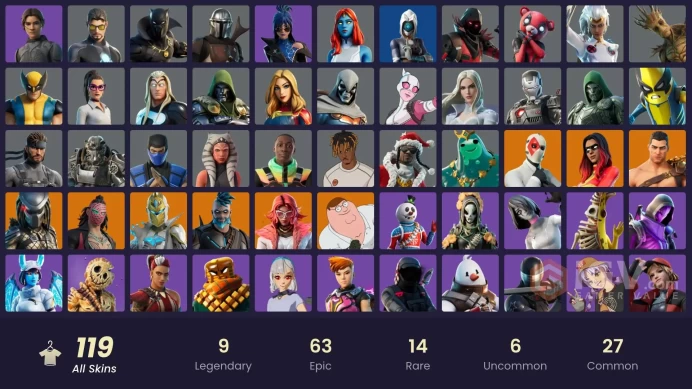 FA | 119 skins | Snake Eyes | Omegarok | Kado Thorne | Valeria | Predator | Spectra Knight | Wild Card | Joltara | Menace | Peter Griffin