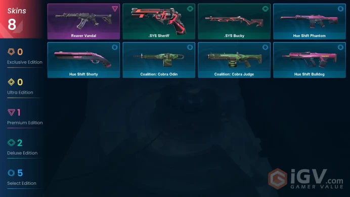 EU 8 SKINS VALUE: 1775 VP Reaver Vandal .SYS Sheriff .SYS Bucky RANKED READY 35 LEVEL Exbxt