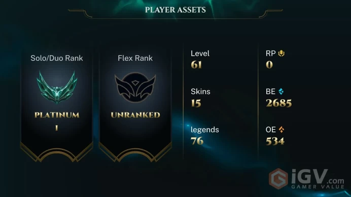 [S16 - SP1] EUW / PLATINUM I %100WR( LAST SEASON DIAMOND IV  )/ 76 CHAMPİONS / 15 SKİN / CHANGEABLE MAİL