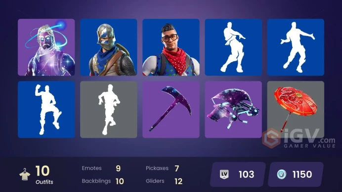 10 skins | Galaxy | Blue Squire | Ride The Pony | Prodigy | Carbide | Mothmando | Teknique | Battlehawk | Circuit Breaker | Tabulator