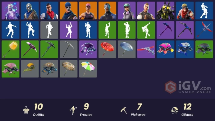 10 skins | Galaxy | Blue Squire | Ride The Pony | Prodigy | Carbide | Mothmando | Teknique | Battlehawk | Circuit Breaker | Tabulator