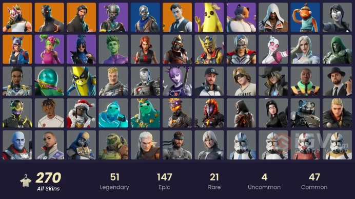 270 skins | The Reaper | Elite Agent | Take The L | Blue Squire | Omega | Ride The Pony | Rogue Agent | The Mighty Volt | Vegeta | Era