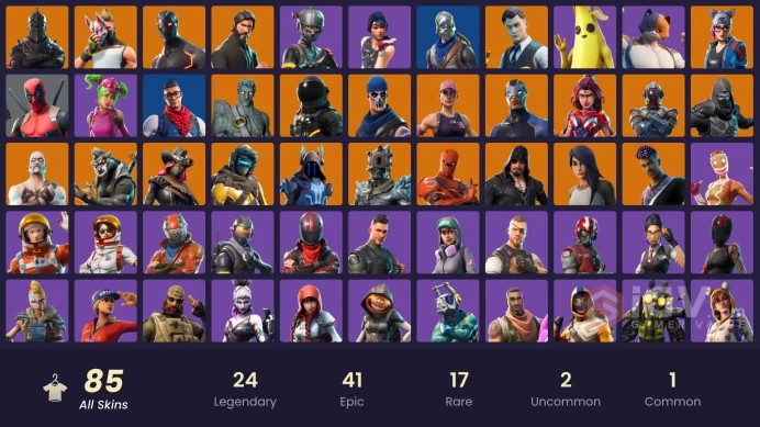 85 skins | Black Knight | The Reaper | Elite Agent | Take The L | Floss | Tidy | Blue Squire | Royale Knight | Omega | Ride The Pony | Mako