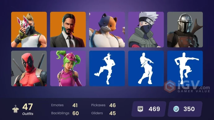 47 skins | Naruto Uzumaki | Take The L | Tidy | Blue Team Leader | Cuddle Team Leader | Leviathan | Carbide | Dark Voyager | John Wick | Drift