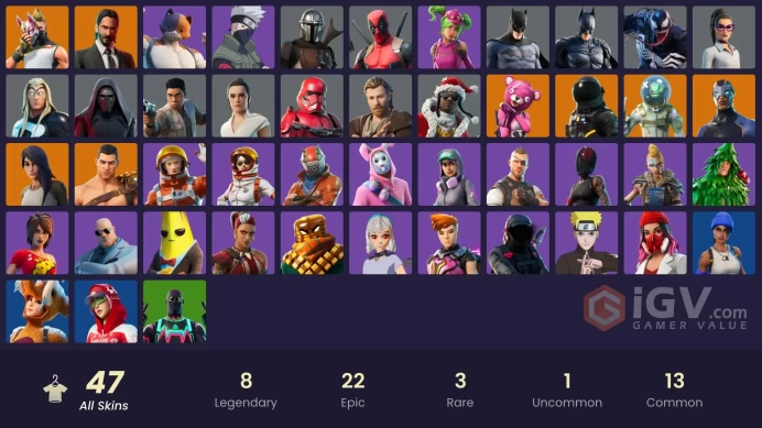 47 skins | Naruto Uzumaki | Take The L | Tidy | Blue Team Leader | Cuddle Team Leader | Leviathan | Carbide | Dark Voyager | John Wick | Drift