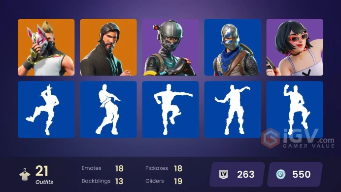21 skins | The Reaper | Elite Agent | Take The L | Blue Squire | Royale Knight | Ride The Pony | Snowflake | Rogue Agent | Rex | Carbide