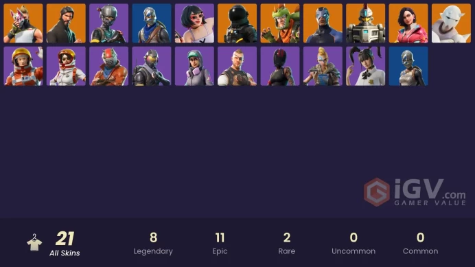 21 skins | The Reaper | Elite Agent | Take The L | Blue Squire | Royale Knight | Ride The Pony | Snowflake | Rogue Agent | Rex | Carbide
