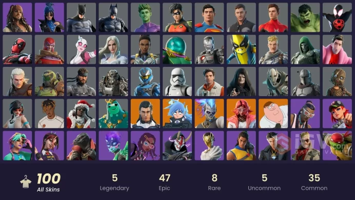 99 skins | Valeria | Renzo the Destroyer | The Ageless | Peter Griffin | Nezumi | Poseidon | Apprentice Evie | Poe Dameron | Mandalorian Warrior