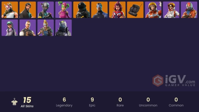 15 skins | The Reaper | Elite Agent | Take The L | Ride The Pony | Mako | Snowflake | Valor | Carbide | Dark Voyager | Drift | Catalyst | Zoey