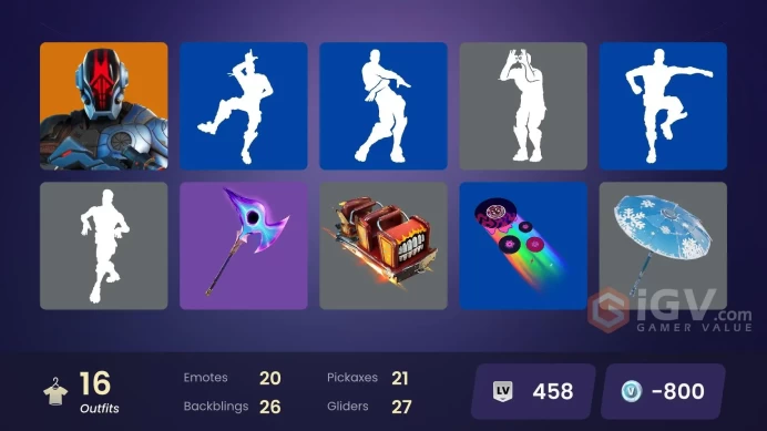16 skins | Take The L | Snowflake | Carbide | Ronin | The Foundation | Calamity | Ravenpool | Moonwalker | Battlehawk | Lt. John Llama