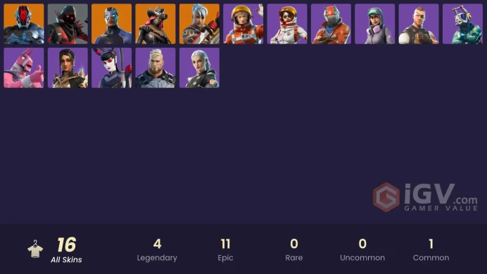 16 skins | Take The L | Snowflake | Carbide | Ronin | The Foundation | Calamity | Ravenpool | Moonwalker | Battlehawk | Lt. John Llama