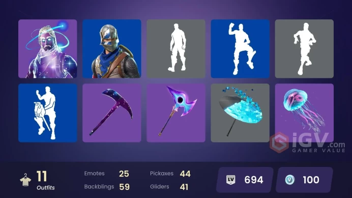 11 skins | Galaxy | Blue Squire | Royale Knight | Ride The Pony | Polar Peely | Santa Dogg | Blitz Knight | Lt. Evergreen | Yulejacket