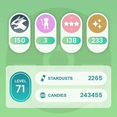 Level 71, 5 Legendary IV100, 304 Pokemon 3000CP+, 233 Shiny, 150 Legendary, 138 IV 100, 7 Shiny Legendary, 40 Shadow Legendary
