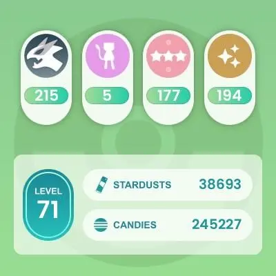 Level 71, 10 Legendary IV100, 272 Pokemon 3000CP+, 194 Shiny, 215 Legendary, 177 IV 100, 14 Shiny Legendary, 54 Shadow Legendary