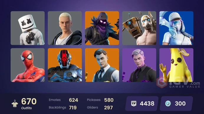 [ALL PLATFORMS]-669 Skin (389K V-B SPEND)-579 Pickaxes (115K V-B SPEND)- 626 Emotes (152K V-B SPEND)-FULL ACCESS-