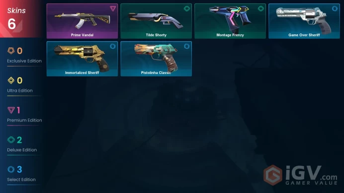 EU | 6 skins | Prime Vandal | Tilde Shorty | Montage Frenzy | Game Over Sheriff | Pistolinha Classic | Immortalized Sheriff | R6536