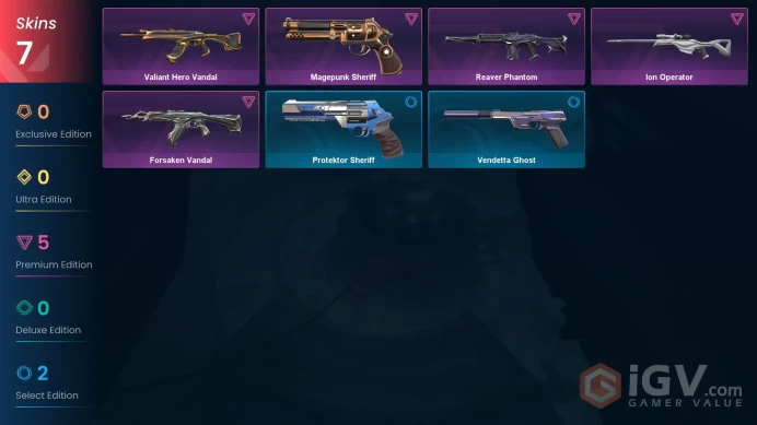 EU | 7 skins | Valiant Hero Vandal | Reaver Phantom | Ion Operator | Forsaken Vandal | Magepunk Sheriff | Vendetta Ghost | U2202