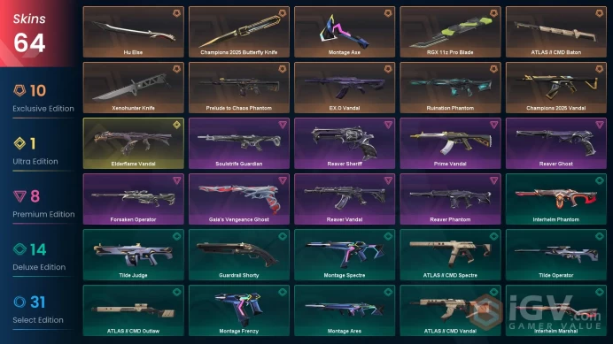 NA | 64 skins | Champions 2025 Butterfly Knife | Elderflame Vandal | Champions 2025 Vandal | EX.O Vandal | Xenohunter Knife | K9245