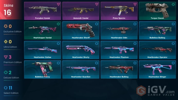 EU | 16 skins | Aemondir Vandal | Forsaken Vandal | Prime Spectre | Heartstopper Vandal | Torque Classic | Heartbreaker Bulldog | L2333