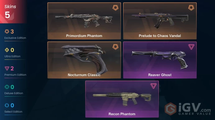 EU | 5 skins | Prelude to Chaos Vandal | Primordium Phantom | Recon Phantom | Reaver Ghost | Nocturnum Classic | M1165