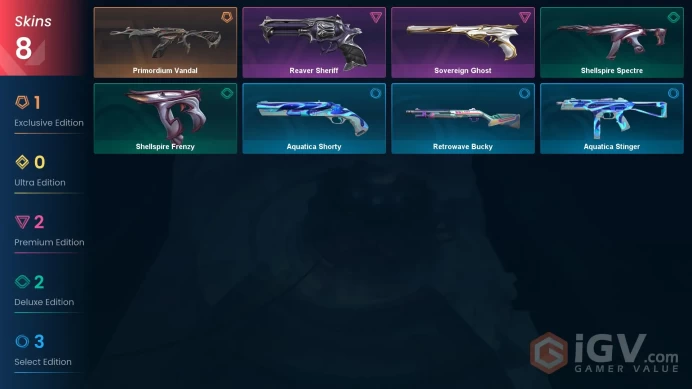 EU | 8 skins | Primordium Vandal | Reaver Sheriff | Sovereign Ghost | Shellspire Spectre | Shellspire Frenzy | Aquatica Shorty | F7916