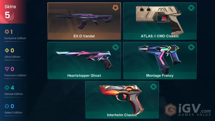 EU | 5 skins | EX.O Vandal | Montage Frenzy | Interhelm Classic | Heartstopper Ghost | ATLAS // CMD Classic | A9549
