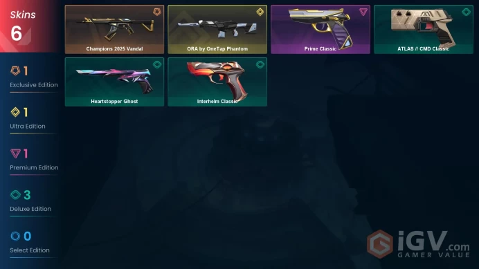 EU 6 skins | Champions 2025 Vandal | ORA by OneTap Phantom | Prime Classic | Interhelm Classic | Heartstopper Ghost | V0190
