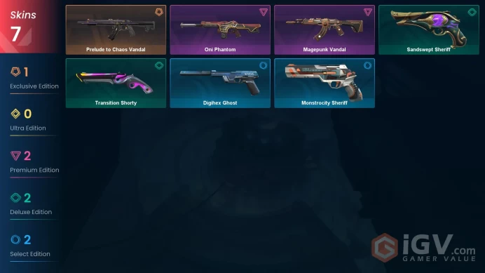 EU 7 skins | Prelude to Chaos Vandal | Magepunk Vandal | Oni Phantom | Sandswept Sheriff | Transition Shorty | Monstrocity Sheriff | V0321