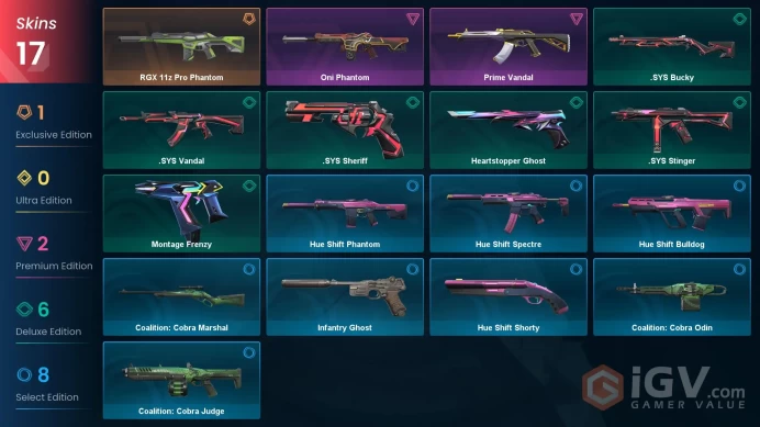AP 17 skins | RGX 11z Pro Phantom | Oni Phantom | Prime Vandal | .SYS Vandal | .SYS Bucky | Montage Frenzy | .SYS Sheriff | V0332