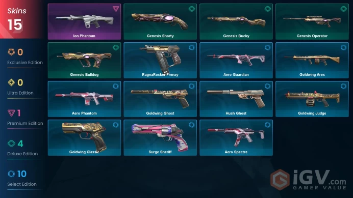 AP | 15 skins | Ion Phantom | Genesis Bulldog | Genesis Shorty | Genesis Bucky | Genesis Operator | RagnaRocker Frenzy | Aero Guardian | J2212