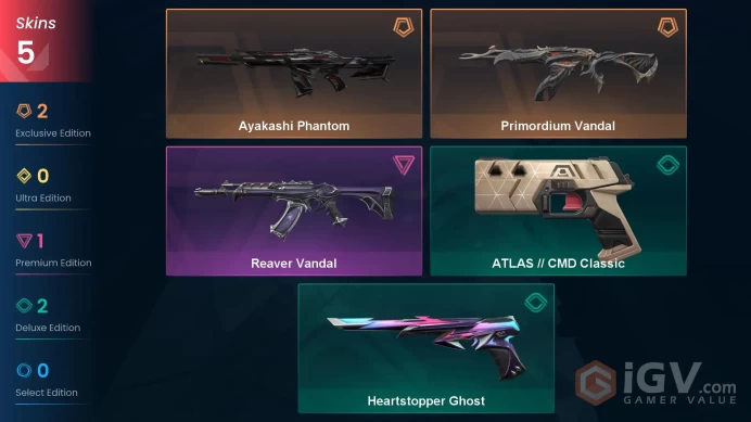 EU | 5 skins | Ayakashi Phantom | Primordium Vandal | Reaver Vandal | Heartstopper Ghost | ATLAS // CMD Classic | D9498