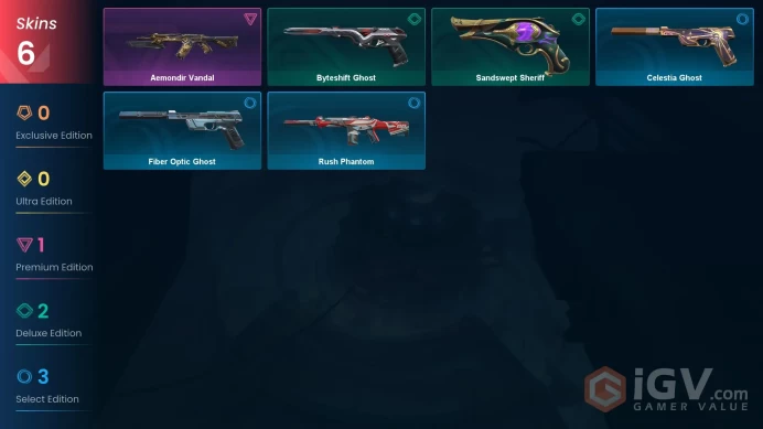 EU 6 skins | Aemondir Vandal | Sandswept Sheriff | Byteshift Ghost | Rush Phantom | Celestia Ghost | Fiber Optic Ghost | V0376